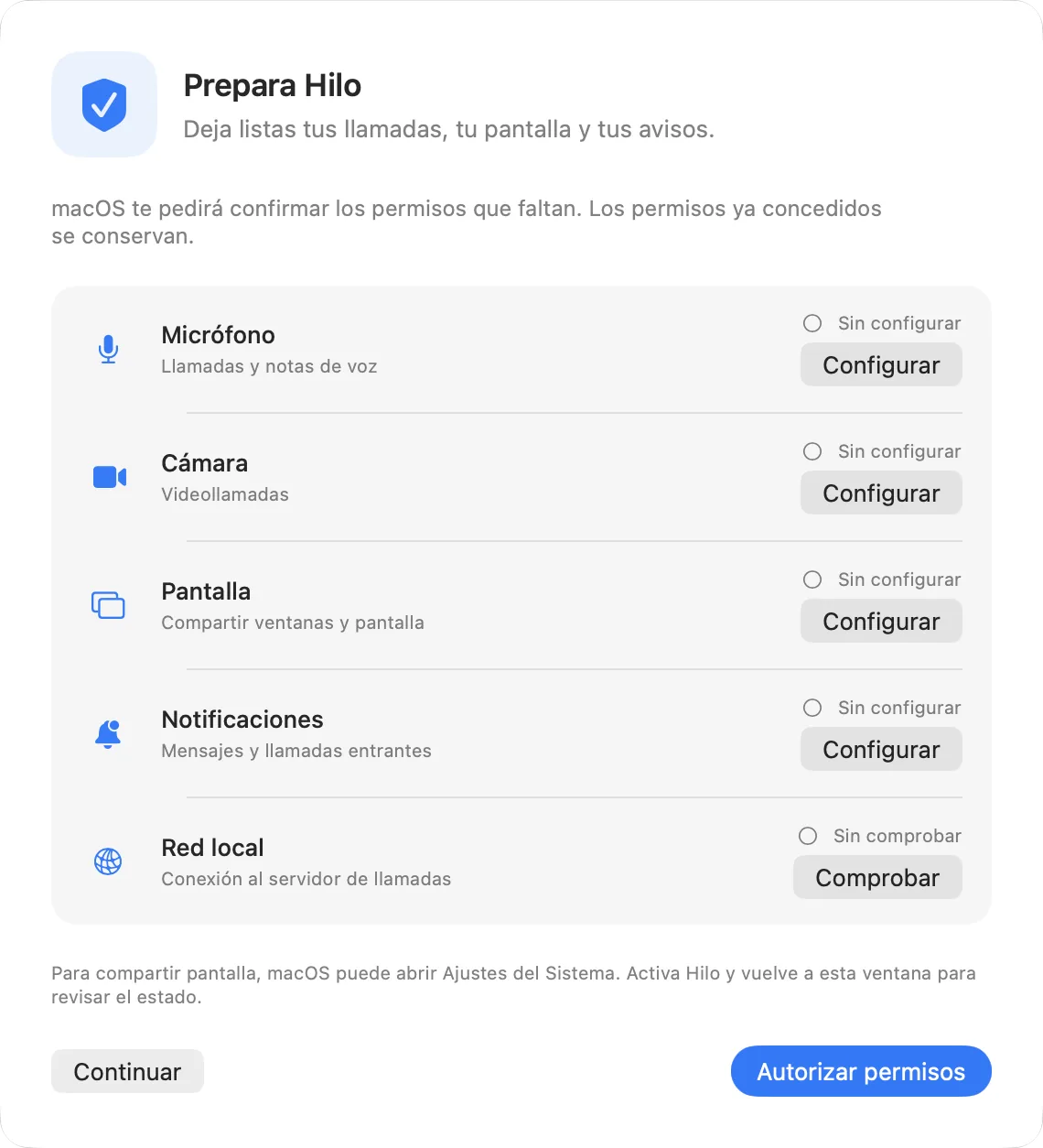 Captura de «Prepara Hilo» con el micrófono, la cámara, la pantalla, las notificaciones y la red local, y el botón «Autorizar permisos».