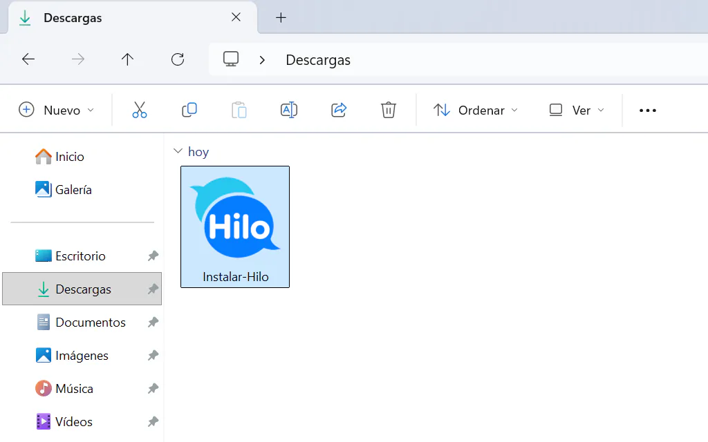 Captura del Explorador de archivos de Windows en Descargas, con el archivo Instalar-Hilo elegido.