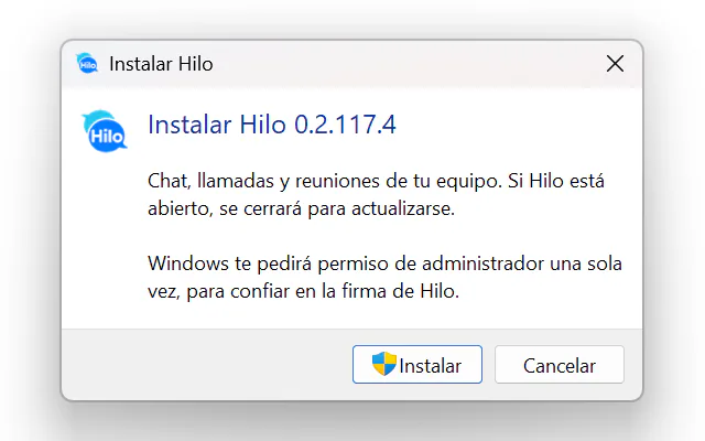 Captura del instalador de Hilo: «Instalar Hilo», el aviso del permiso de administrador y los botones «Instalar» y «Cancelar».