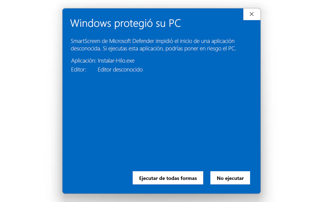 Captura del aviso «Windows protegió su PC» de SmartScreen para Instalar-Hilo.exe, con los botones «Ejecutar de todas formas» y «No ejecutar».